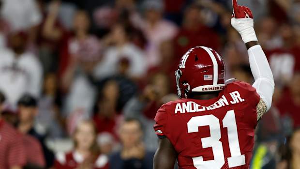 Alabama Crimson Tide linebacker Will Anderson Jr. (31) reacts after a sack against the Texas A&M Aggies during the first half at Bryant-Denny Stadium.